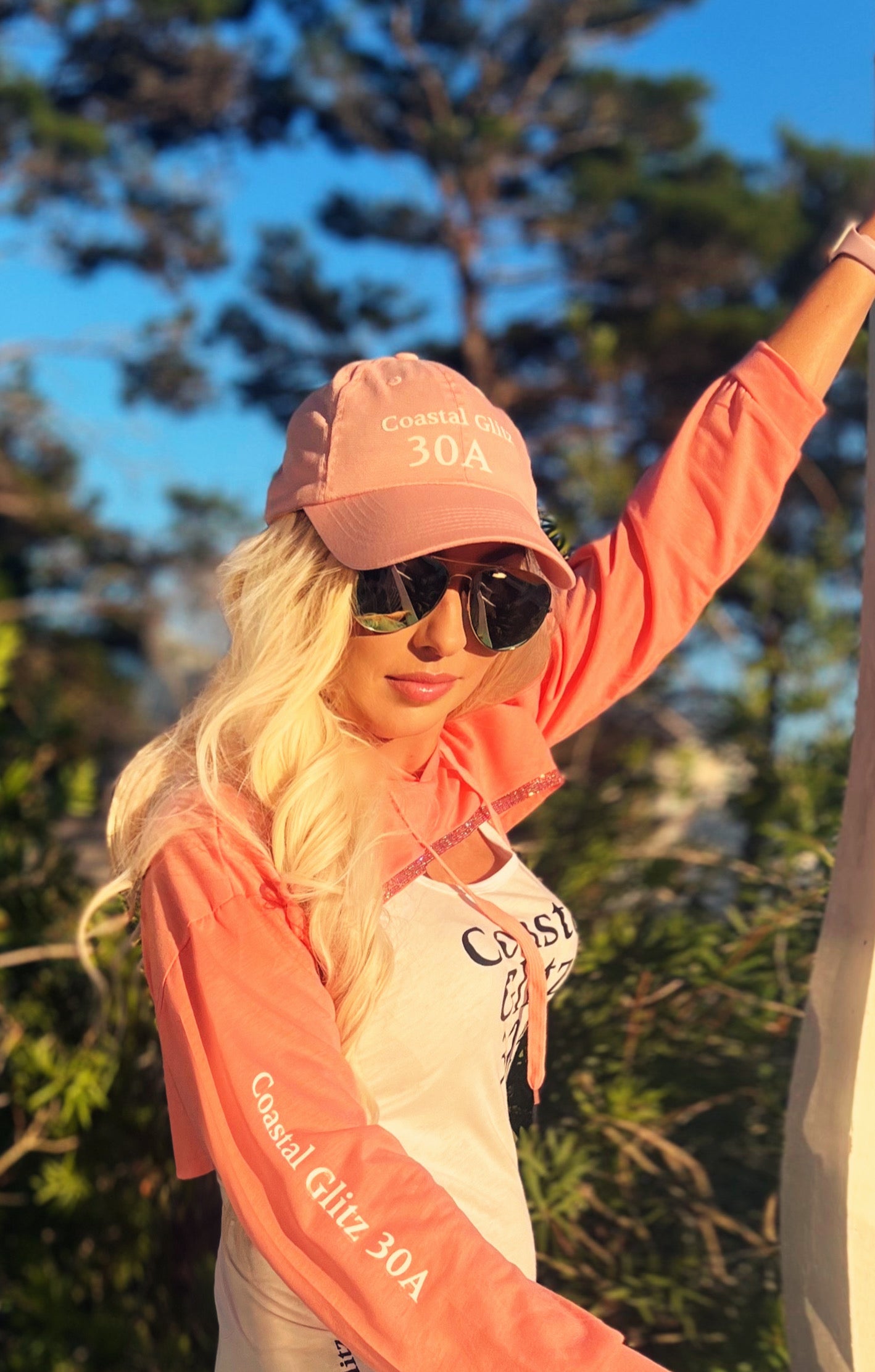 Coastal Glitz Hot Pink Rhinestone Half Long Sleeve Hoodie