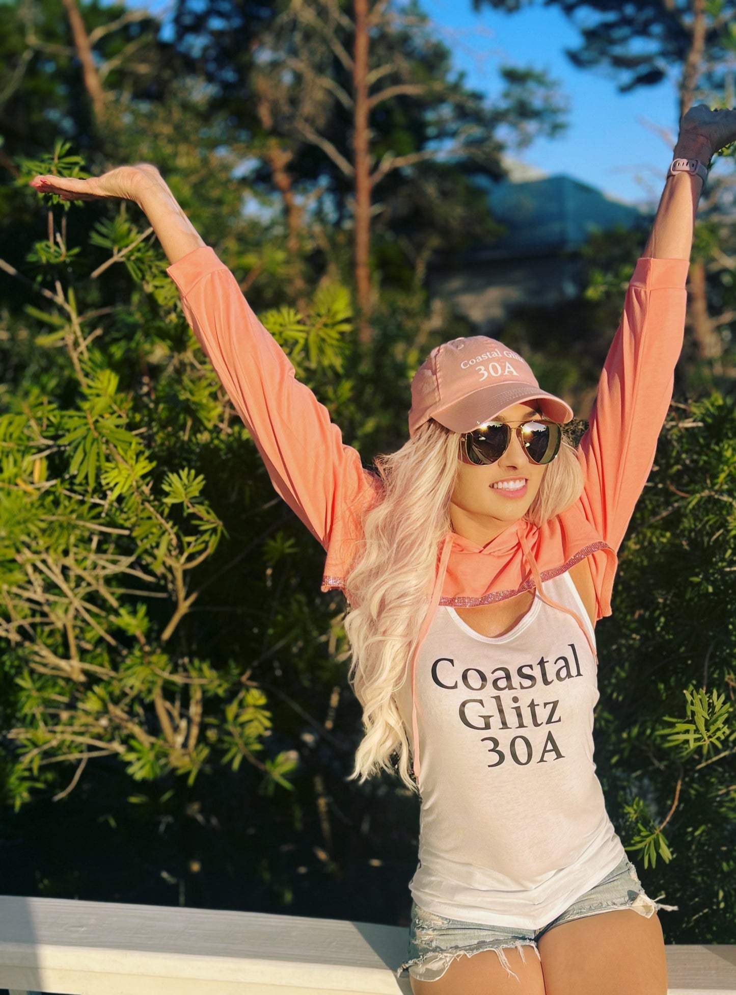 Coastal Glitz Hot Pink Rhinestone Half Long Sleeve Hoodie