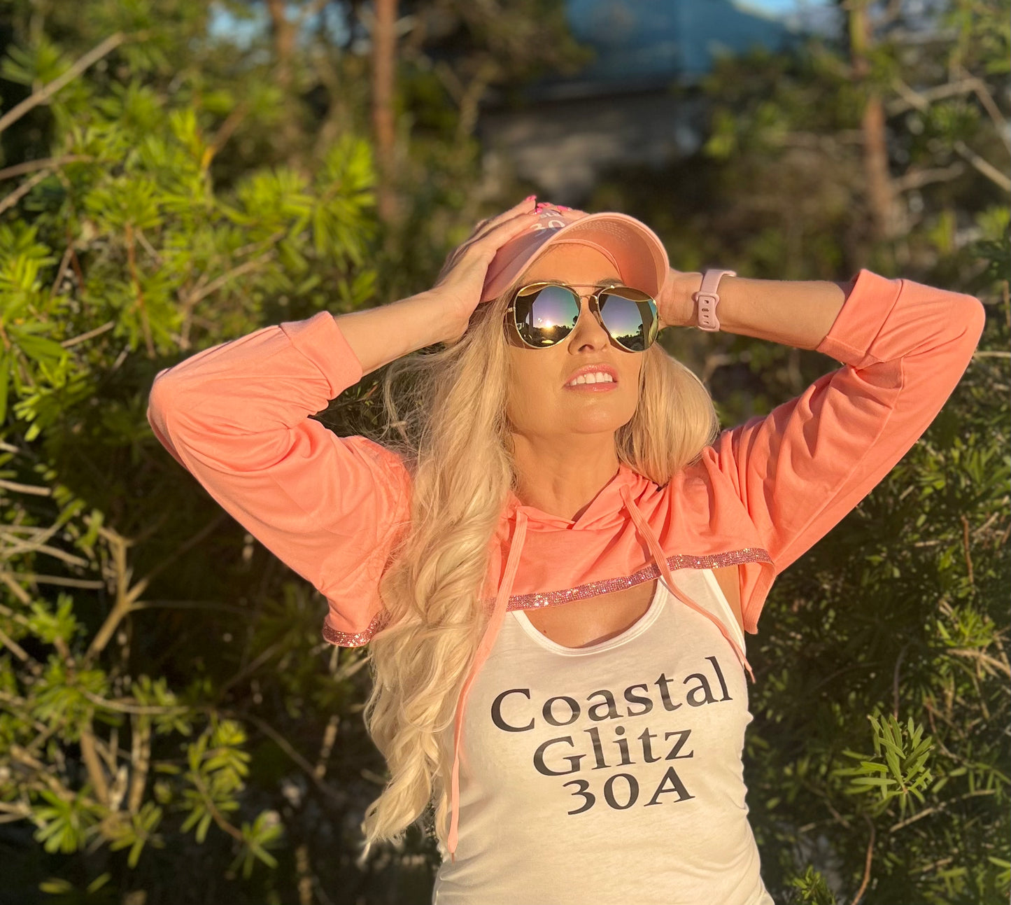 Coastal Glitz Hot Pink Rhinestone Half Long Sleeve Hoodie